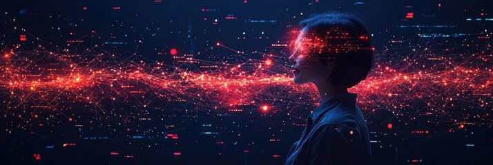 Aufkleber - Person in Silhouette with Red Circuitry and Network Lines