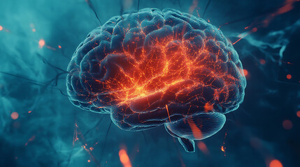 Fototapete - Abstract brain with glowing connections on blue background