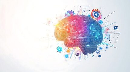 Aufkleber - Abstract illustration of an AI brain with colorful splashes and gears on a white background design for a digital marketing or tech concept banner