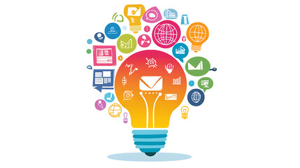 Poster - Artistic drawing of a colorful light bulb with various business icons emerging from it, against a white background