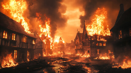 Aufkleber - Ancient village under attack with burning flames and smoke rising
