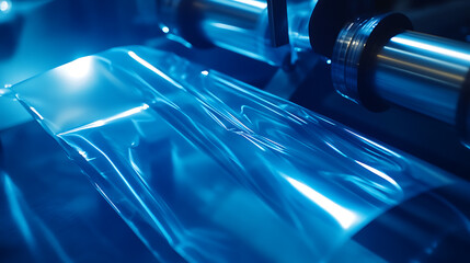 Leinwandbilder - Automatic machine for making plastic bags with light effect, Close-up of a roller of a machine for the production of plastic bags on a blue background, product packaging concept
