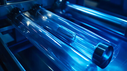 Leinwandbilder - Automatic machine for making plastic bags with light effect, Close-up of a roller of a machine for the production of plastic bags on a blue background, product packaging concept