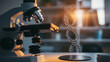 © CreativeCreations - Close up of DNA helix and microscope in a laboratory
