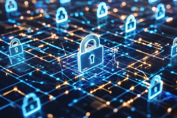 Aufkleber - Cybersecurity Network with Glowing Padlocks