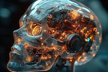 Aufkleber - Transparent Mechanical Skull with Glowing Gears and Wires