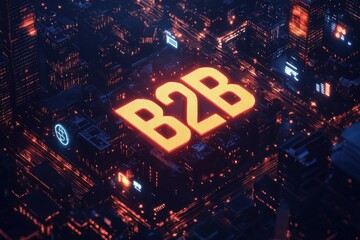 Aufkleber - Illuminated B2B Text in a Futuristic Cityscape