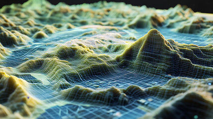 Poster - Holographic terrain model showcasing advanced GIS geodata mapping concept in a futuristic digital environment