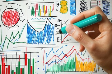 Aufkleber - Hand drawing colorful graphs and charts on a whiteboard with a turquoise marker