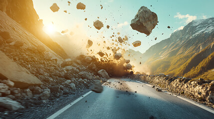 Poster - On a sunny morning, a rockfall blocked a road in the mountains, Rocks in the air and sunlight highlight the dramatic natural phenomenon against the serene backdrop