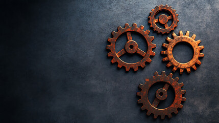 Poster - Rust programming language concept with rusty gears emerging from the dark, symbolizing robust and efficient coding