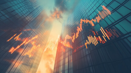 Aufkleber - Skyscrapers with overlaid financial graphs symbolizing real estate market trends against cloudy sky background, market analysis concept