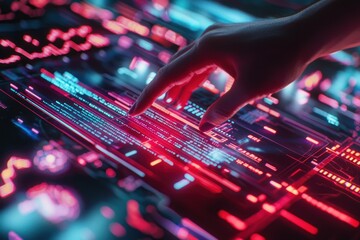 Fototapete - A hand interacts with a futuristic glowing display screen