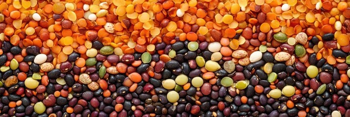 Poster - An intricate arrangement showcases diverse beans, lentils, and seeds, blending rich colors and textures in a stunning display of nature's bounty. Generative AI