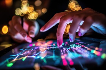 Poster - Close-up of a Hand Interacting with a Tablet Displaying Data and Graphs