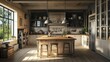 © ROY - Rustic farmhouse kitchen with large window, island, wooden cabinets and rustic decor.
