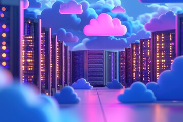 Fototapete - Data Center Servers with Neon Clouds in a Futuristic Setting