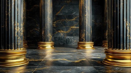 Poster - Elegant Modern Luxury Background Featuring Golden and Black Marble Pillars for Product Showcase 3D Illustration