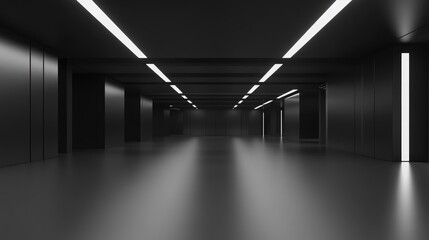 Fototapete - Abstract modern architecture with a black background featuring an empty open space interior 3D rendering