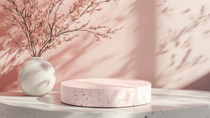 Poster - 3D rendering of a pink coral minimal display podium or pedestal for product mockups featuring an abstract background with simple geometric shapes