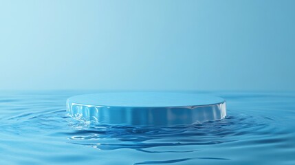 Poster - Blue cylindrical podium featuring a water surface texture against a blue backdrop Ideal for product display Evokes freshness and health Pedestal offers copy space Suitable for banner size and webs