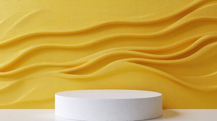 Poster - Blank mockup white textured podium against a portrait oriented yellow wave pattern background 3D rendering