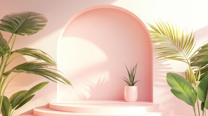 Poster - 3D rendering of a podium or display in a bohemian style Promotional stand featuring abstract shapes and palm leaves Soft pastel background for showcasing cosmetics and products
