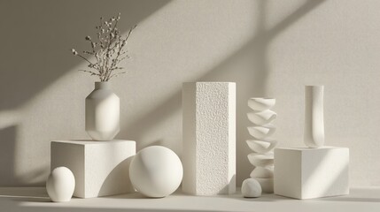 Aufkleber - Abstract still life composition featuring white geometric shapes in a classic style 3D rendered illustration