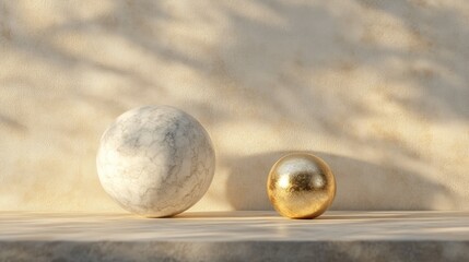 Aufkleber - 3D rendering of a display podium featuring a marble sphere and a golden sphere against a soft background