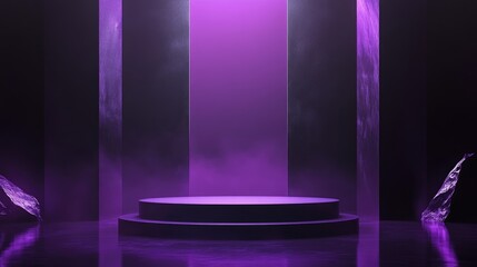 Poster - Illustration of a 3D podium with a purple background featuring a dark atmosphere and purple reflections complemented by large black elements and purple laser light