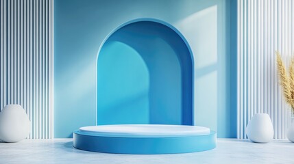 Poster - Blue backdrop featuring a pedestal and a display case blue stage platform podium for product presentation 3D rendering