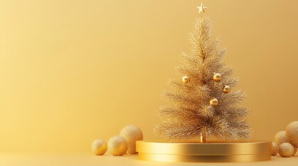 Aufkleber - Gold edged podium and a golden yellow Christmas tree create an elegant holiday display against a golden yellow background Abstract studio setting for showcasing products 3D render illustration