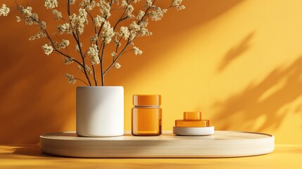 Poster - Product display in a vibrant orange setting studio scene with minimalistic design 3D rendering