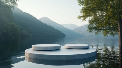 Fototapete - 3D rendering of a podium with three circles on a lake