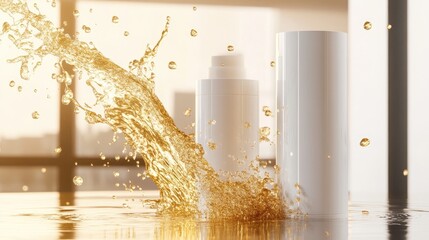 Poster - Product display stand with gold water splashes in the background 3D rendering
