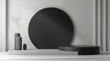 Leinwandbilder - Minimalist 3D gray and black cylindrical podium with an abstract geometric shape ideal for product presentations