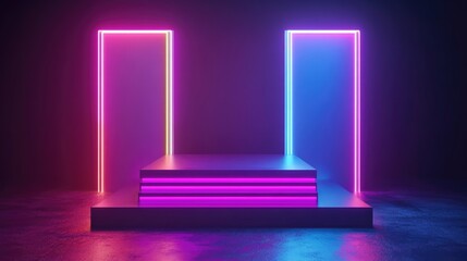 Fototapete - Neon colored podium 3D visualization a futuristic glowing show stage scene modern empty pedestal for product display and studio presentation platform
