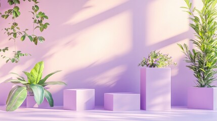 Poster - Podium made of purple metal cubes for showcasing products set against a pastel colored background 3D rendering