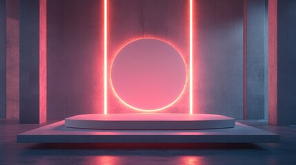 Poster - 3D rendering of a contemporary mockup podium featuring neon lighting a futuristic pedestal and a blank platform designed for product display and advertising purposes