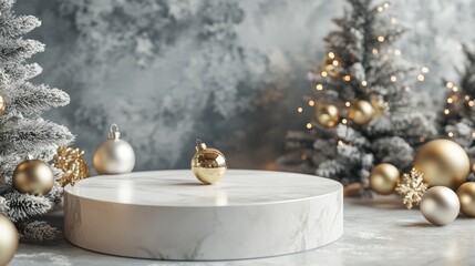 Aufkleber - Minimal podium display in a festive setting Showcase for beauty products and cosmetics featuring gold metal ball ornaments Winter themed 3D render illustration mockup