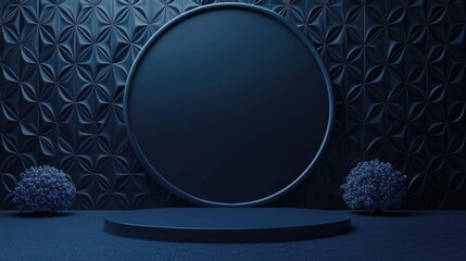 Poster - Dark blue geometric backdrop with a podium design in a blue theme 3D rendering