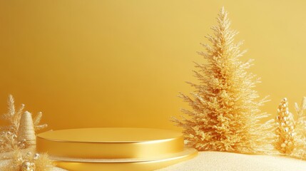 Aufkleber - Gold edged podium and a golden yellow Christmas tree create an elegant holiday display against a golden yellow background Abstract studio setting for showcasing products 3D render illustration