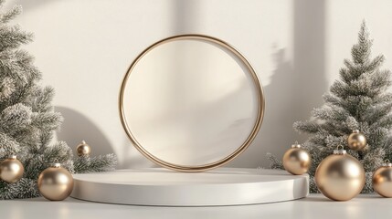 Aufkleber - Minimal podium display in a festive setting Showcase for beauty products and cosmetics featuring gold metal ball ornaments Winter themed 3D render illustration mockup