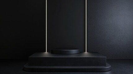 Poster - 3D rendering of a black geometric display stand in a dark setting