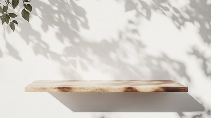 Aufkleber - Minimalist white wall featuring a wooden shelf for showcasing products Unoccupied space with tree leaf shadows Three dimensional room background with open area for text 3D render visualization