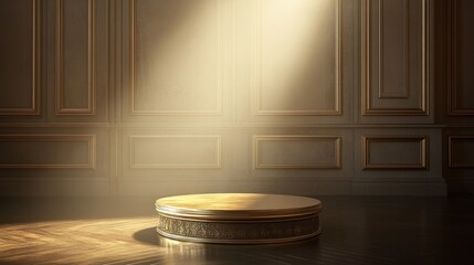 Fototapete - Elegant golden pedestal in an empty room bathed in a warm spotlight creating a soft atmosphere Background graphic element luxury concept 3D render