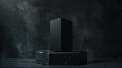 Poster - 3D rendering of a black geometric display stand in a dark setting