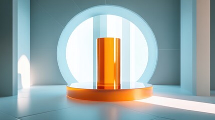 Poster - 3D render of a circular and glass backdrop featuring a transparent orange cylinder podium within a square