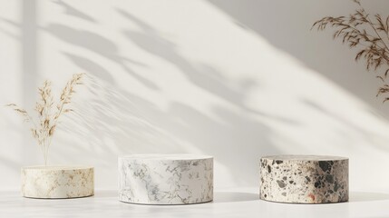 Aufkleber - Luxury marble cylinder podium with terrazzo and stone set against a white wall background featuring shadow Minimalistic scene for product showcase and presentation 3D rendering