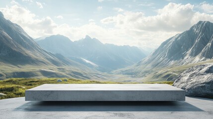 Fototapete - 3D rendering of a landscape layout featuring an empty concrete texture podium for product presentation template